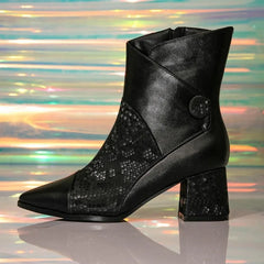 Sexy Black Pointed Toe Snake Print Ankle Boots