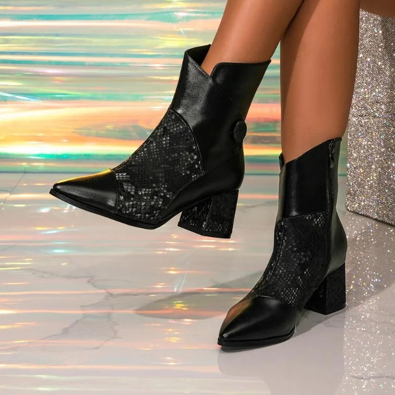 Sexy Black Pointed Toe Snake Print Ankle Boots