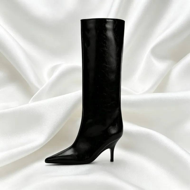 Sexy Black Pointy Toe Soft Leather Knee Boots
