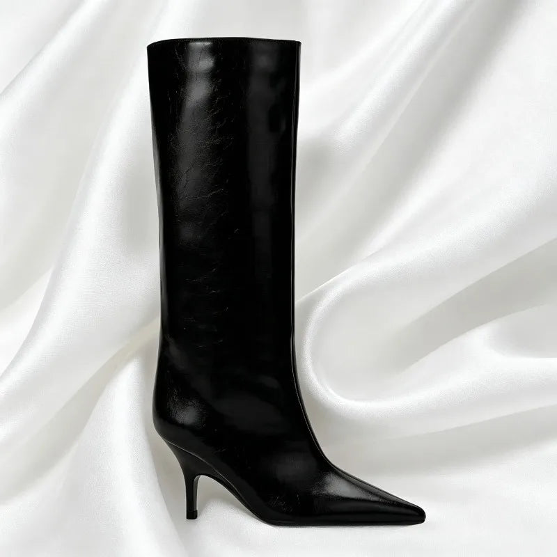 Sexy Black Pointy Toe Soft Leather Knee Boots