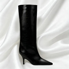 Sexy Black Pointy Toe Soft Leather Knee Boots