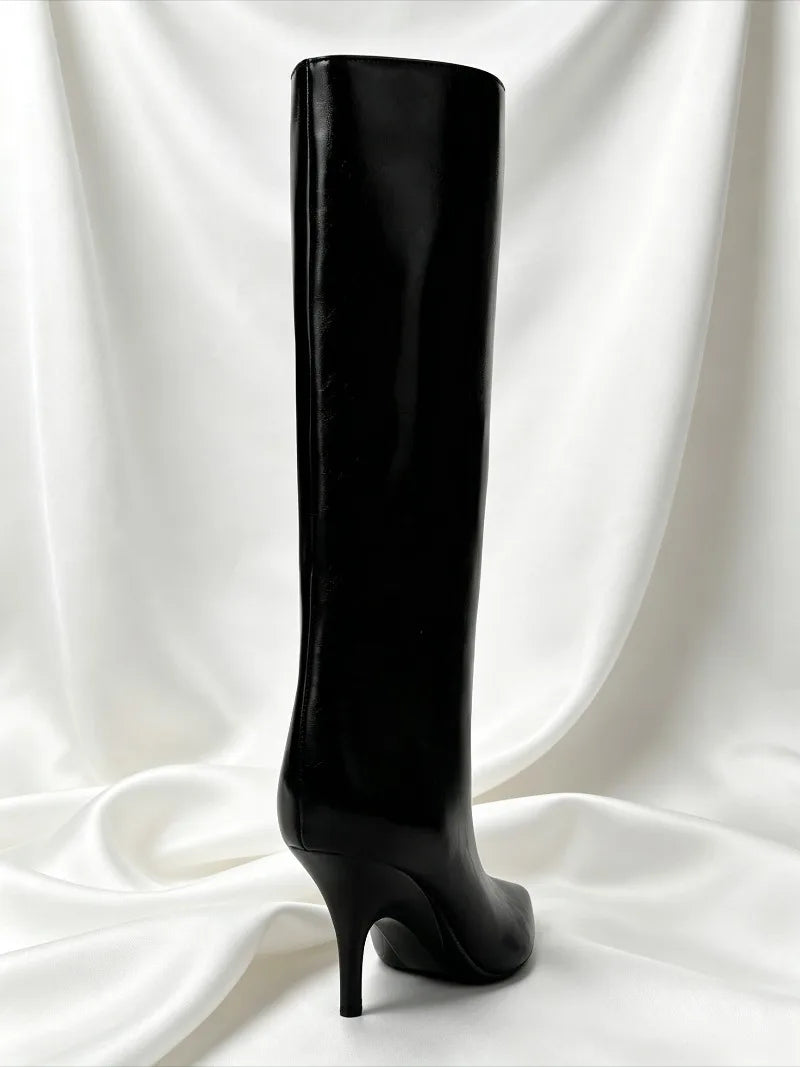 Sexy Black Pointy Toe Soft Leather Knee Boots