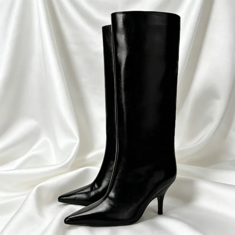 Sexy Black Pointy Toe Soft Leather Knee Boots
