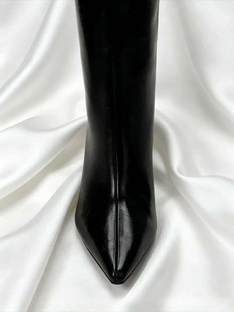 Sexy Black Pointy Toe Soft Leather Knee Boots