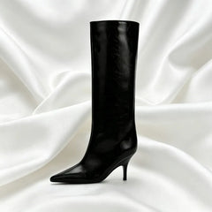 Sexy Black Pointy Toe Soft Leather Knee Boots