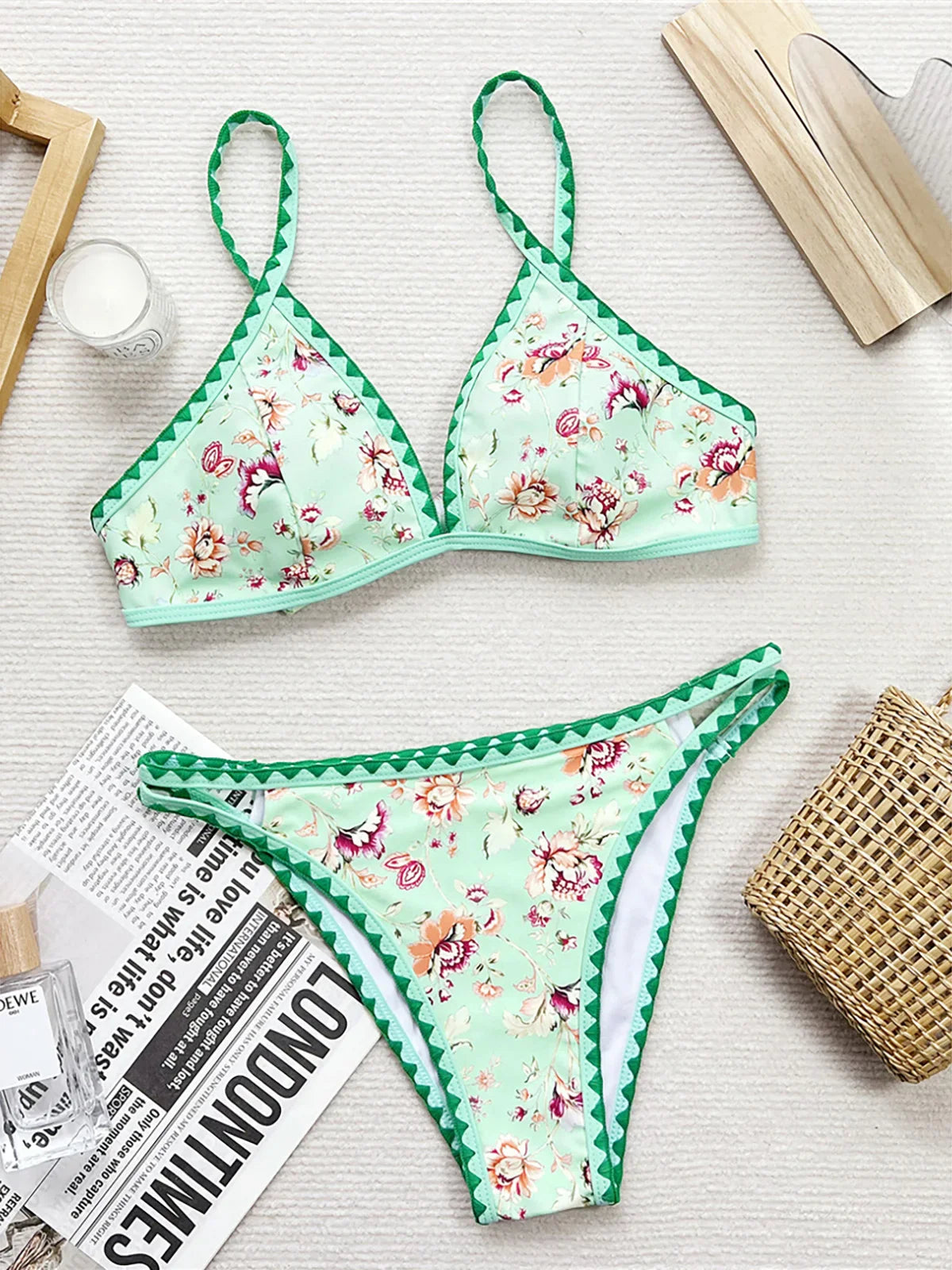 Flowers Printed Floral Mid Waist Bikini Two-pieces Bikini Set