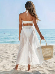 Halter Bikini Set Slimming 3-Piece Swimwear with Sheer Mesh Cover Up Solid White Colored Bathing