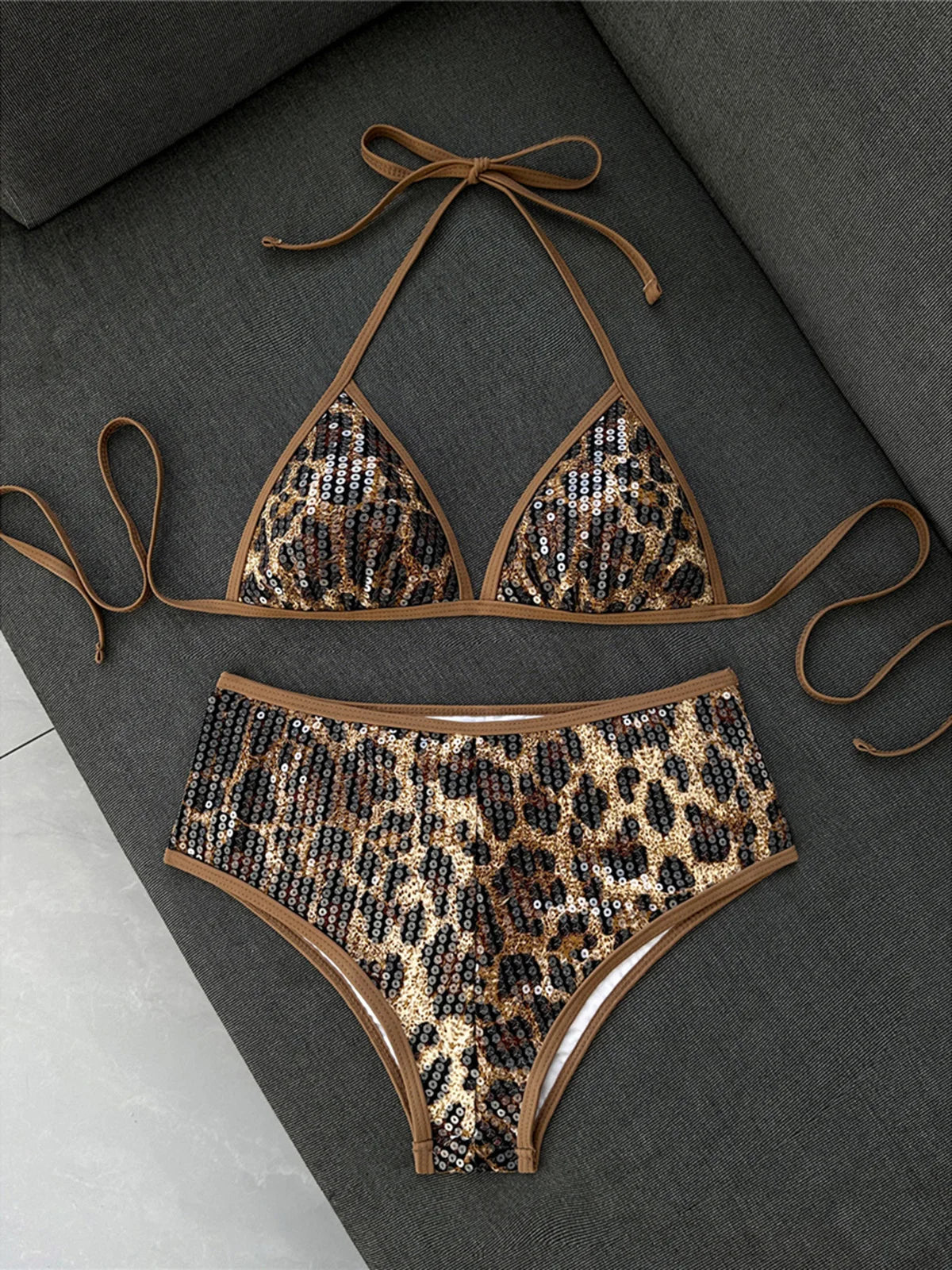 Leopard Printed Halter Sequins Bikini Two-pieces Bikini Set