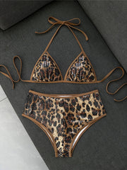 Leopard Printed Halter Sequins Bikini Two-pieces Bikini Set
