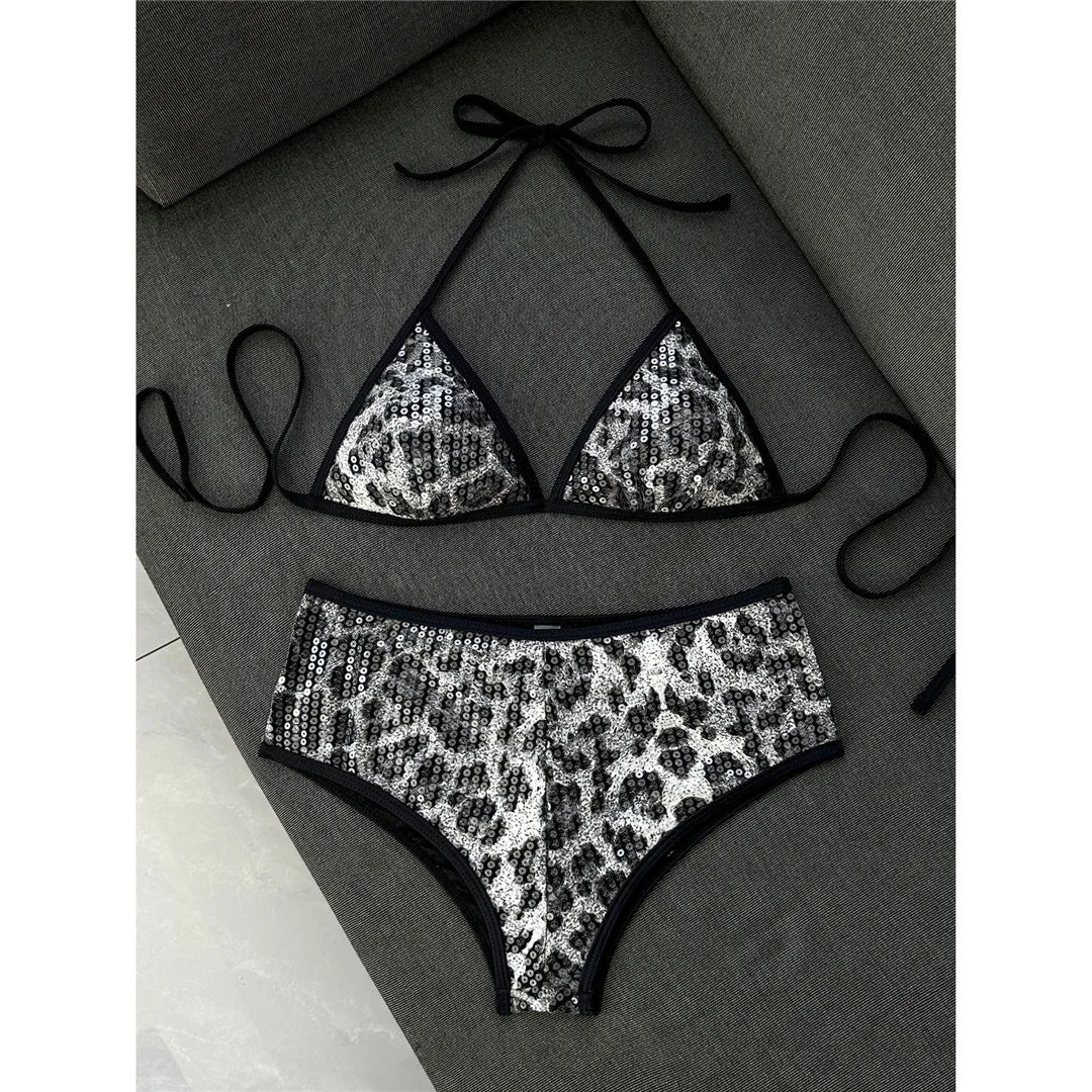 Leopard Printed Halter Sequins Bikini Two-pieces Bikini Set