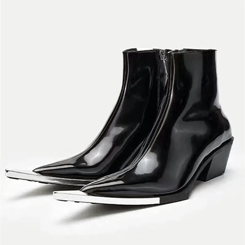 Sexy Metal Decoration Pointed Toe Patent Leather Ankle Boots