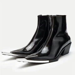 Sexy Metal Decoration Pointed Toe Patent Leather Ankle Boots