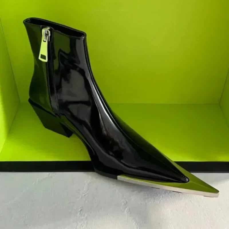 Sexy Metal Decoration Pointed Toe Patent Leather Ankle Boots