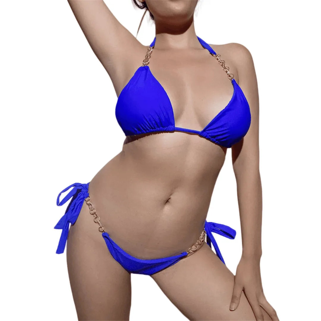 Metal Ring Halter Strappy Bikini Two-pieces Bikini Set
