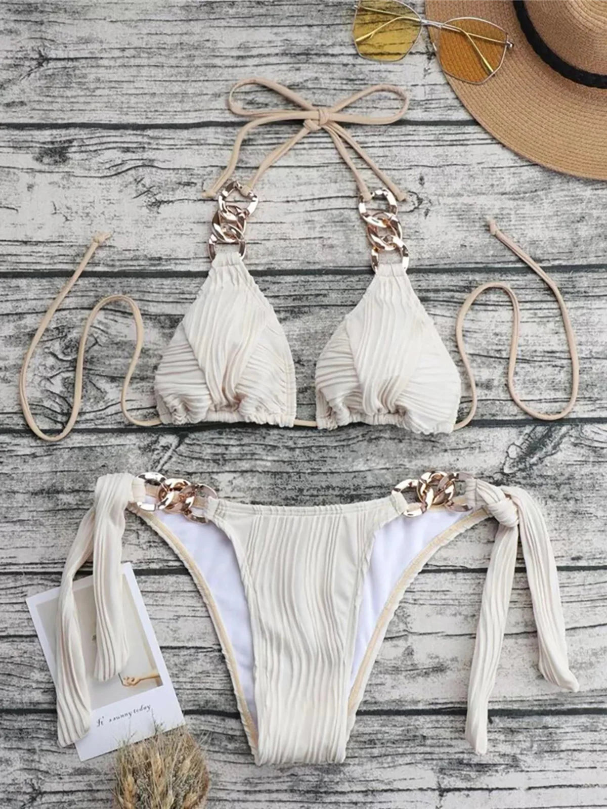 Metal Rings Halter Wrinkled Bikini Two-pieces Bikini Set Lady
