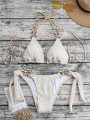 Metal Rings Halter Wrinkled Bikini Two-pieces Bikini Set Lady