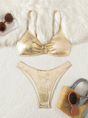 PU Faux Leather Sparkling Halter Bikini Two-pieces Bikini Set