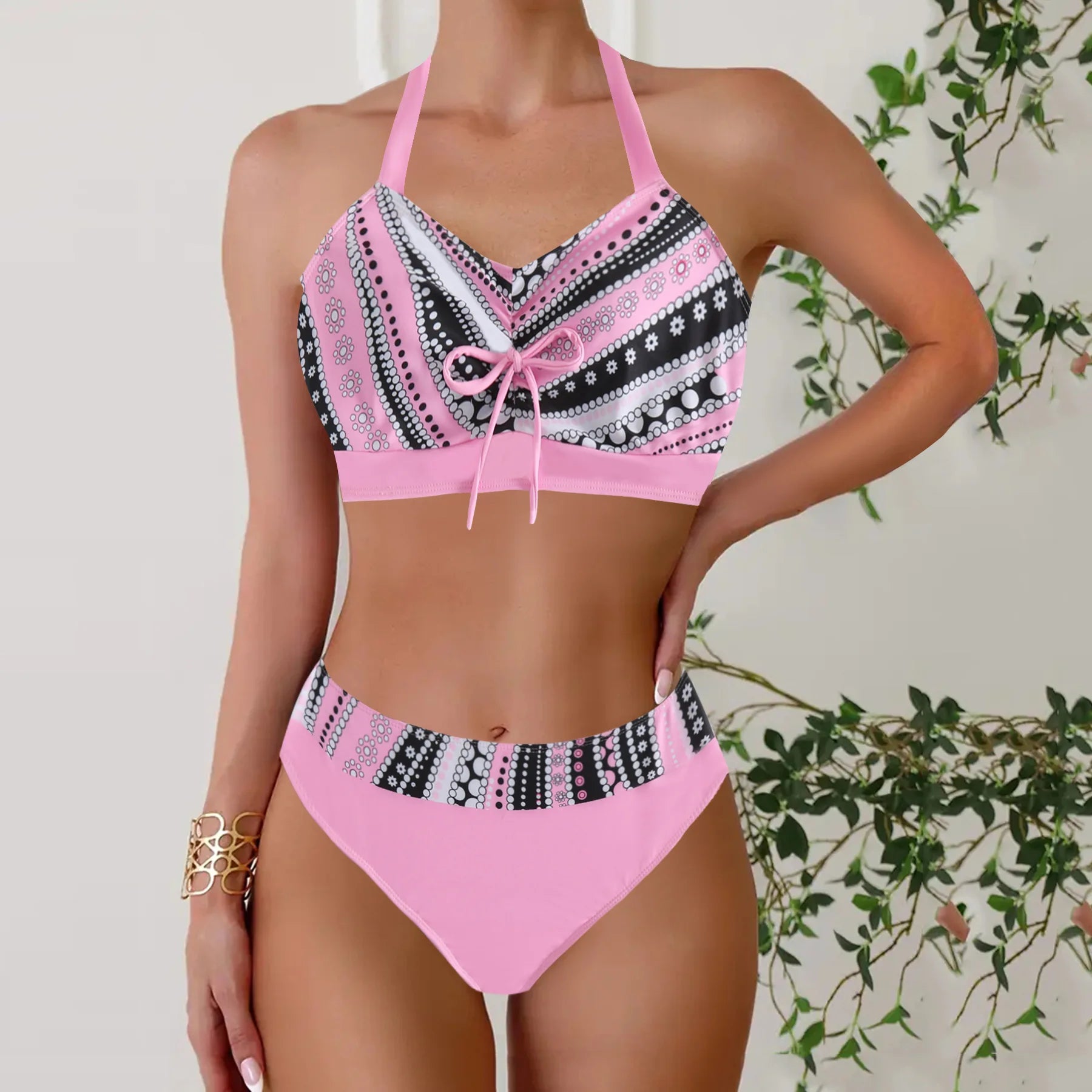 Patchwork Strap Two Piece Swimsuit Printed Bikini Two-Piece Swimsuit Corset Swim Lingerie Outdoor