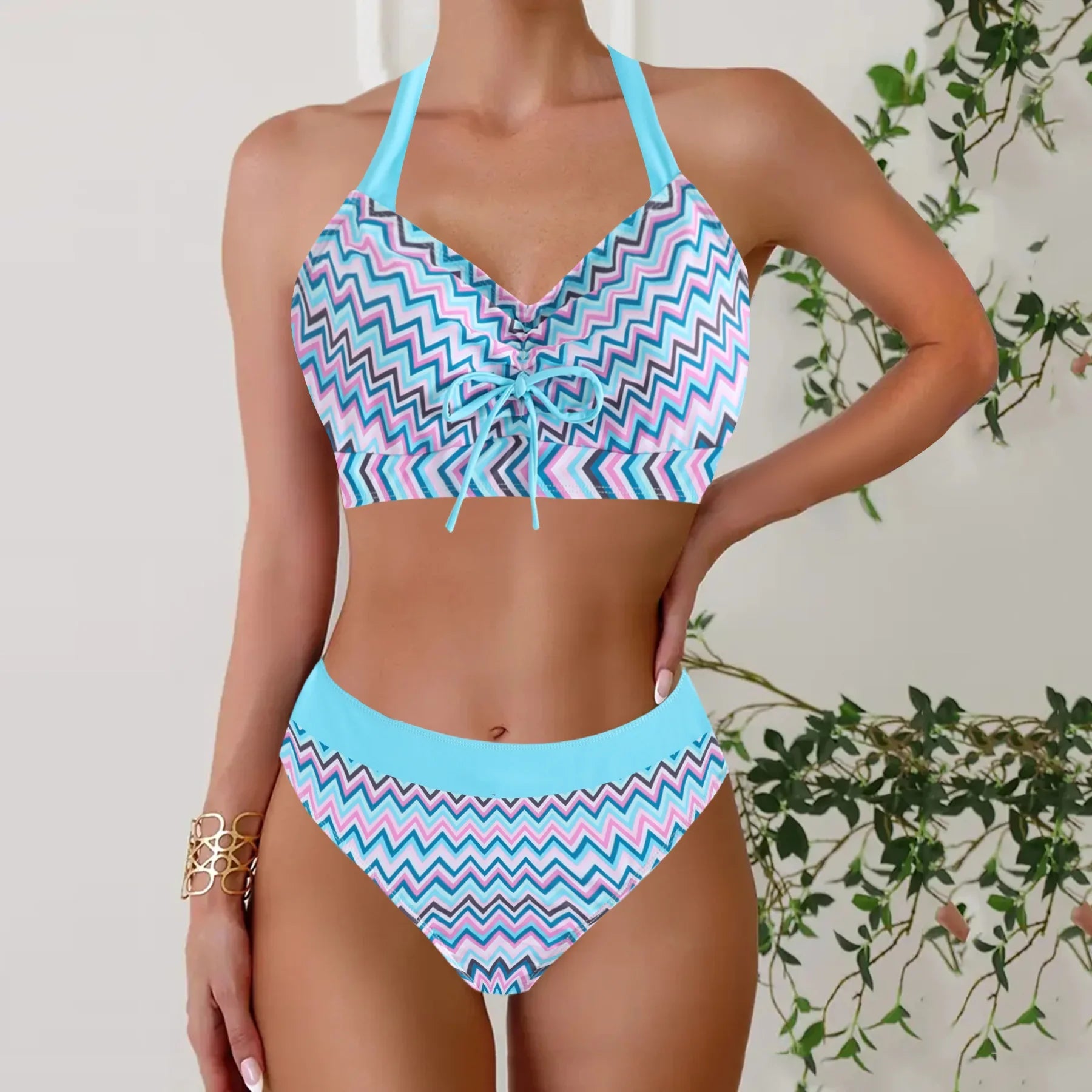 Patchwork Strap Two Piece Swimsuit Printed Bikini Two-Piece Swimsuit Corset Swim Lingerie Outdoor