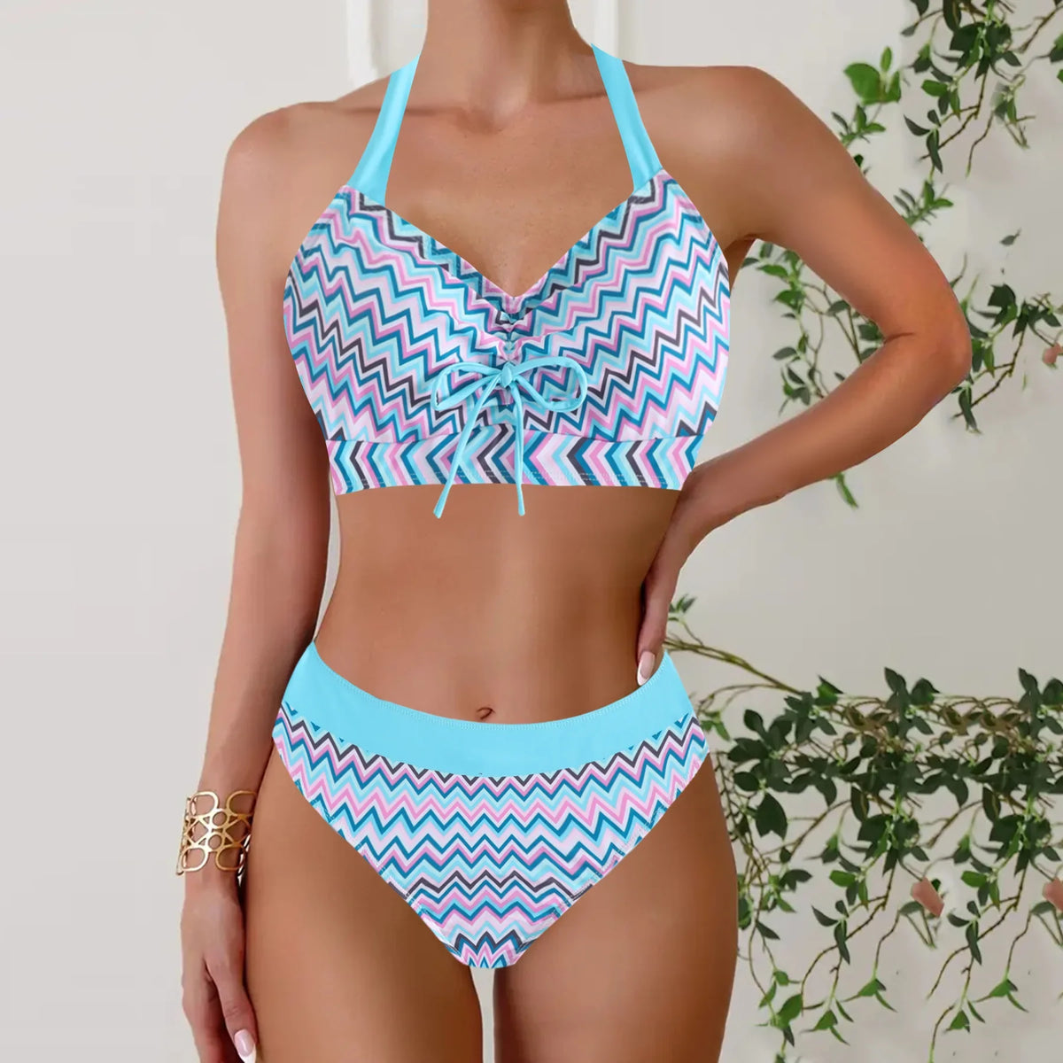 Patchwork Strap Two Piece Swimsuit Printed Bikini Two-Piece Swimsuit Corset Swim Lingerie Outdoor
