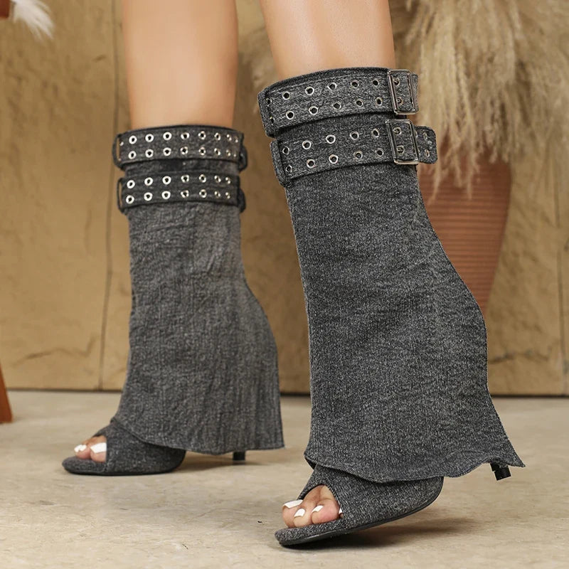 Sexy Peep Toe Grey Denim Ankle Boot