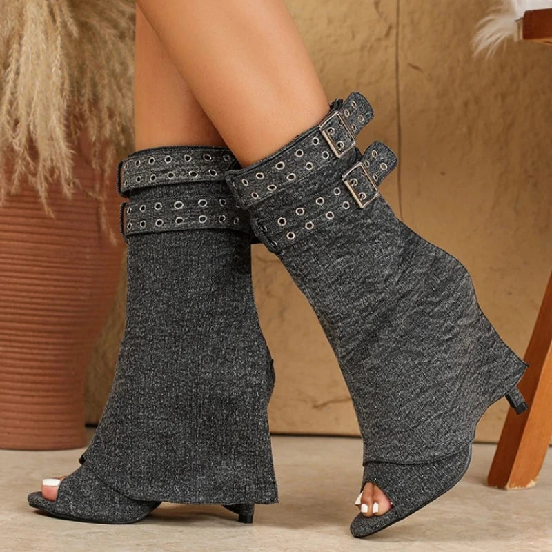 Sexy Peep Toe Grey Denim Ankle Boot