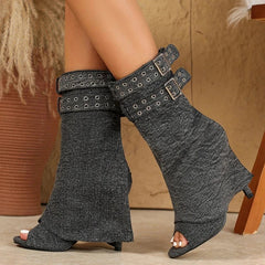 Sexy Peep Toe Grey Denim Ankle Boot
