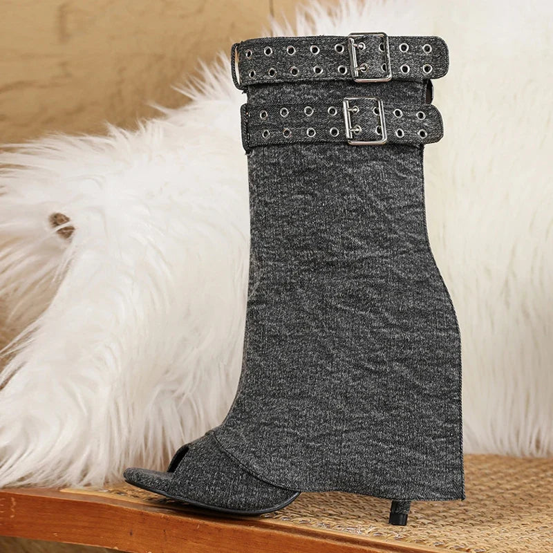 Sexy Peep Toe Grey Denim Ankle Boot