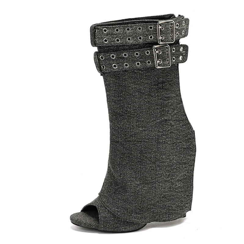 Sexy Peep Toe Grey Denim Ankle Boot