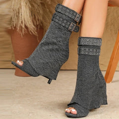 Sexy Peep Toe Grey Denim Ankle Boot