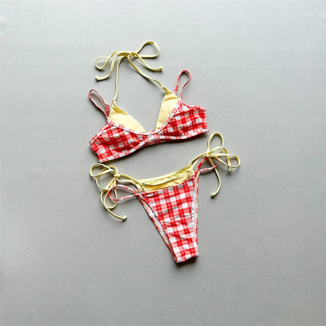 Plaid Polka Dot Halter Splicing Bikini Two-pieces Bikini Set
