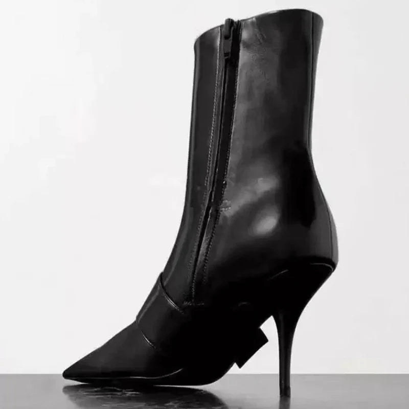 Sexy Pointed Toe Black Leather Ankle Boots