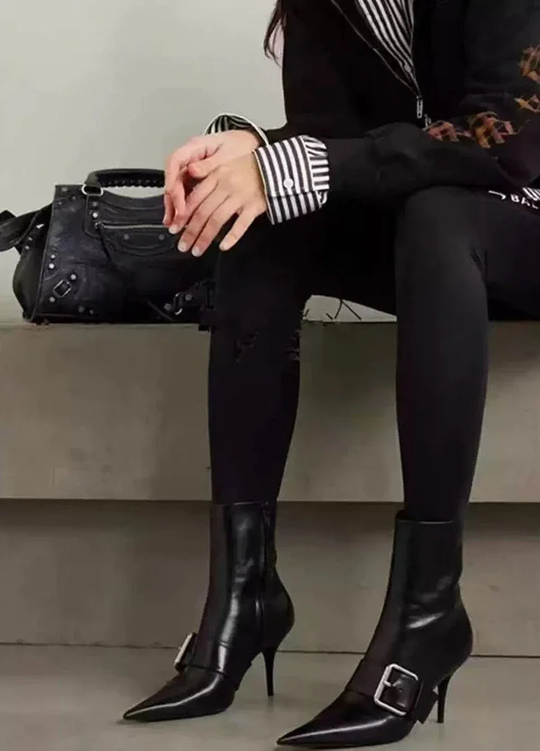 Sexy Pointed Toe Black Leather Ankle Boots