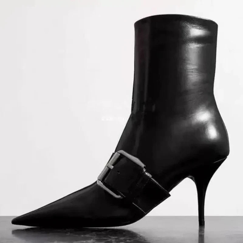Sexy Pointed Toe Black Leather Ankle Boots