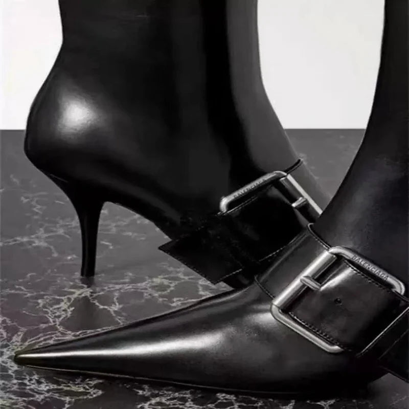 Sexy Pointed Toe Black Leather Ankle Boots