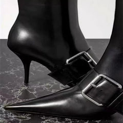 Sexy Pointed Toe Black Leather Ankle Boots