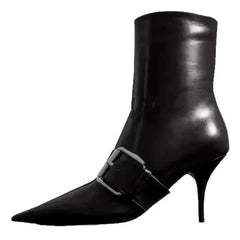 Sexy Pointed Toe Black Leather Ankle Boots