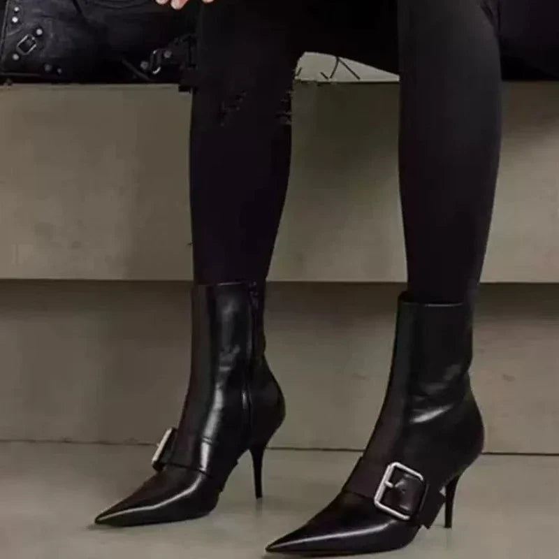Sexy Pointed Toe Black Leather Ankle Boots