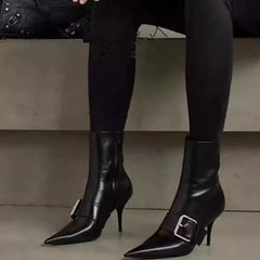 Sexy Pointed Toe Black Leather Ankle Boots