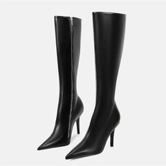Sexy Pointed Toe Black Leather Women's Knee High Boots