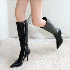 Sexy Pointed Toe Black Leather Women's Knee High Boots