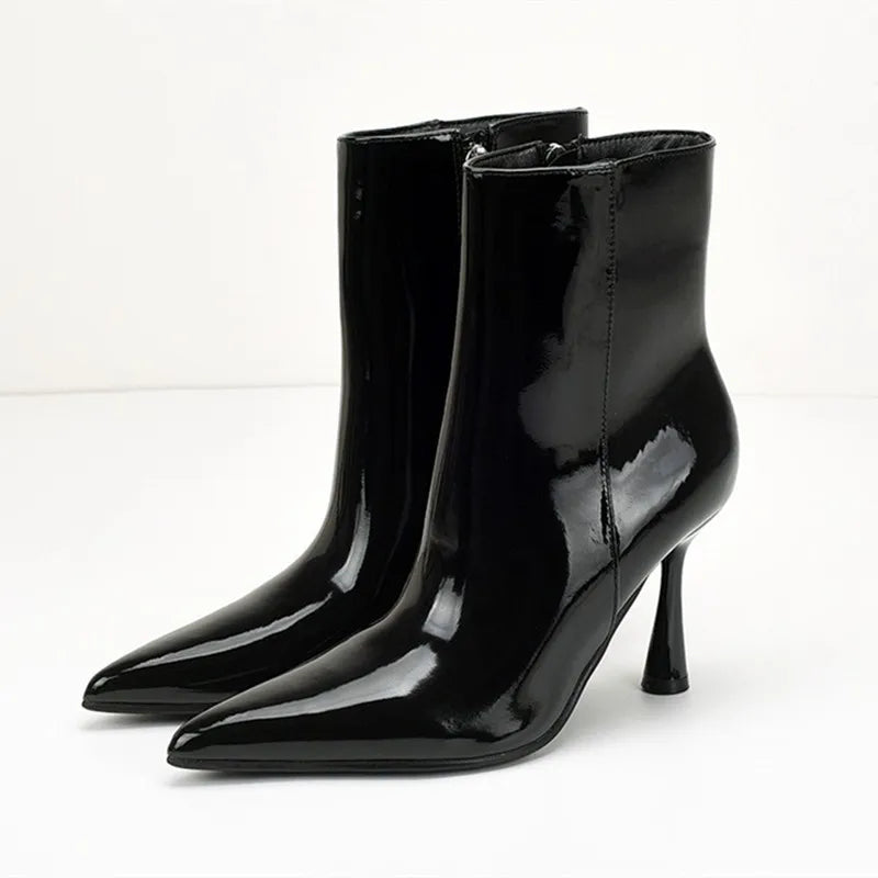 Sexy Pointed Toe Black Patent Leather Ankle Boots