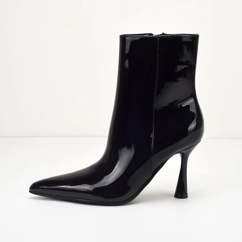 Sexy Pointed Toe Black Patent Leather Ankle Boots
