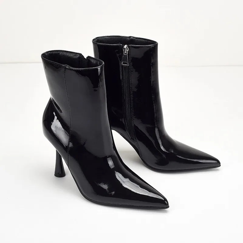 Sexy Pointed Toe Black Patent Leather Ankle Boots