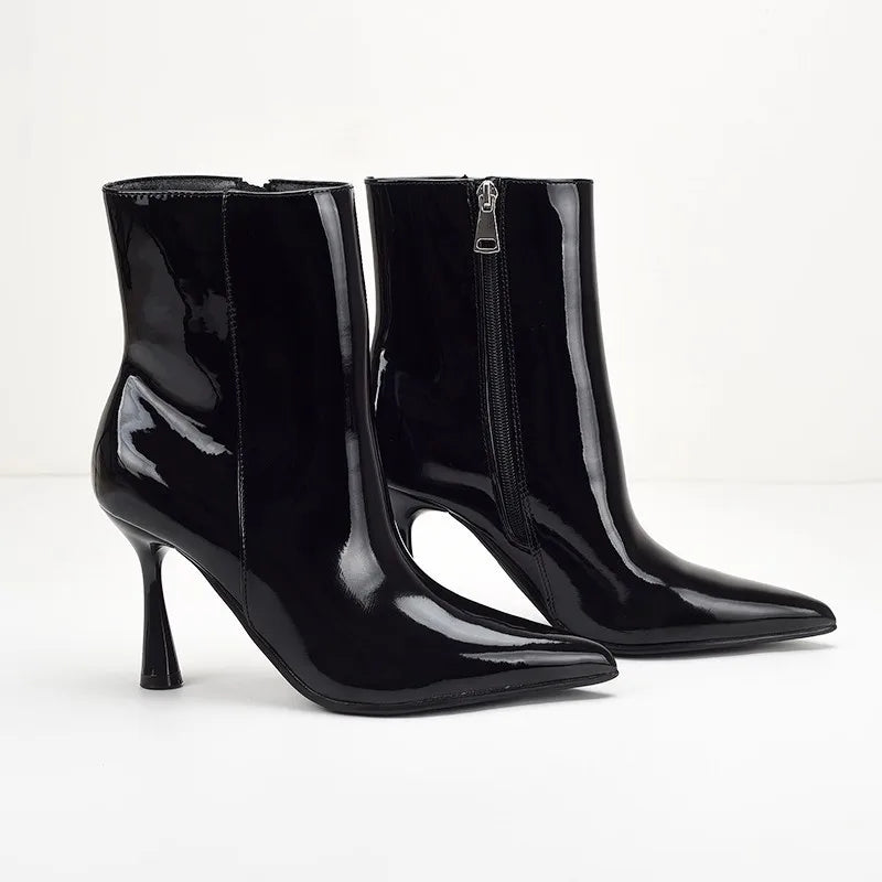 Sexy Pointed Toe Black Patent Leather Ankle Boots