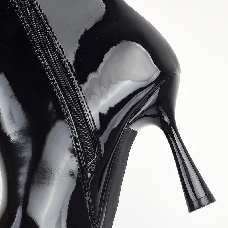 Sexy Pointed Toe Black Patent Leather Ankle Boots