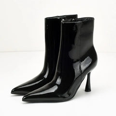 Sexy Pointed Toe Black Patent Leather Ankle Boots