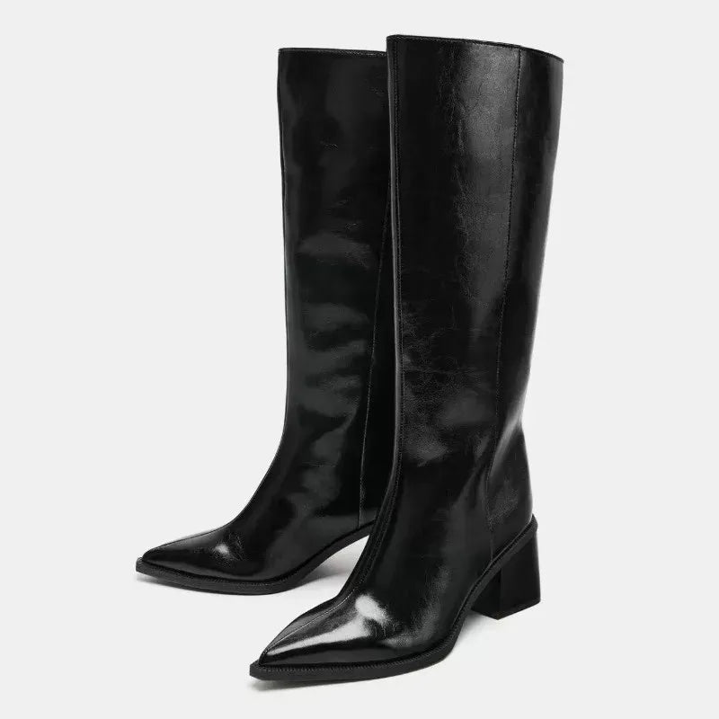 Sexy Pointed Toe Chunky Heel Knee High Boots