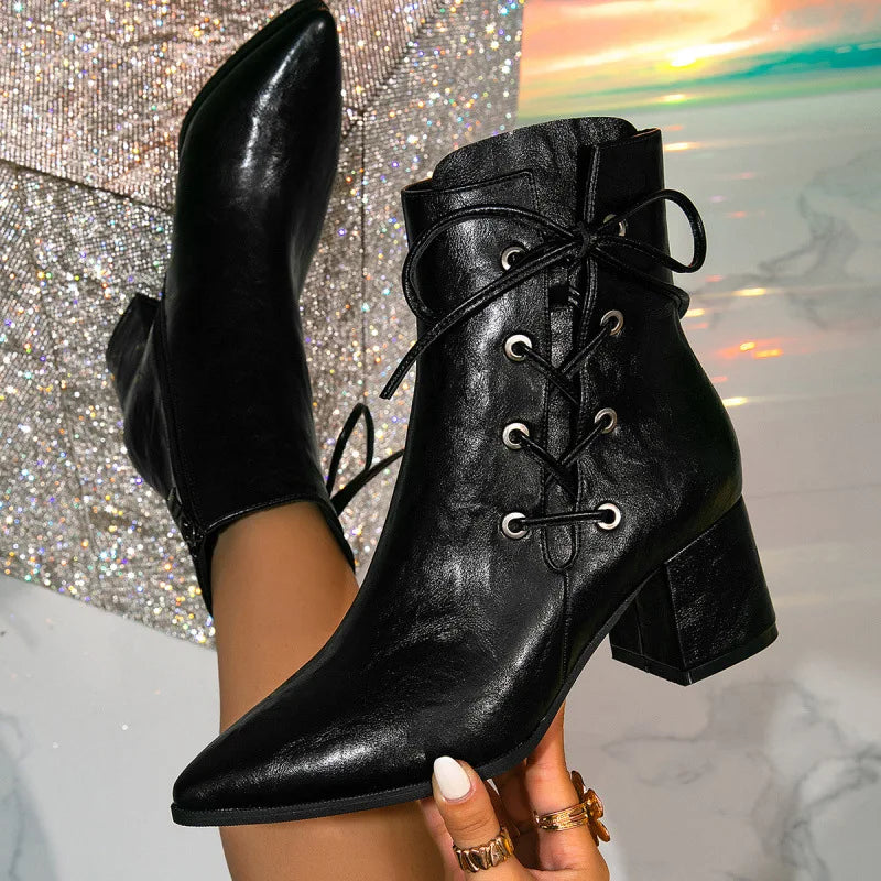 Sexy Pointed Toe Lace Up High Heel Ankle Boots
