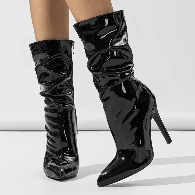 Sexy Pointed-Toe Patent Leather High-Heel Ankle Boots
